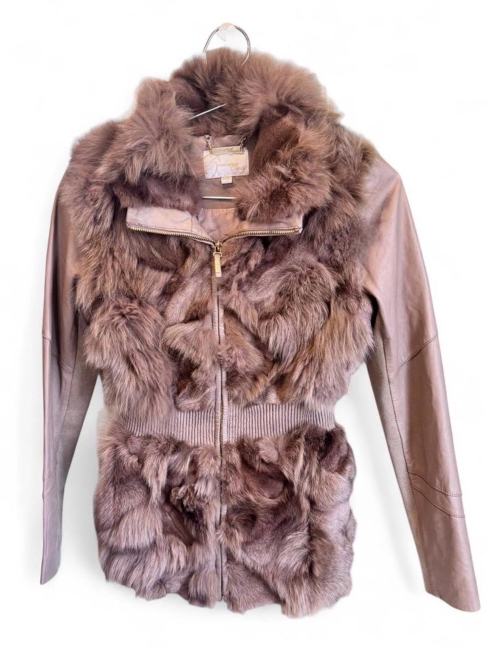Vintage Genuine Fox Fur & Sheepskin Leather Jacket Taupe Dusty Mauve